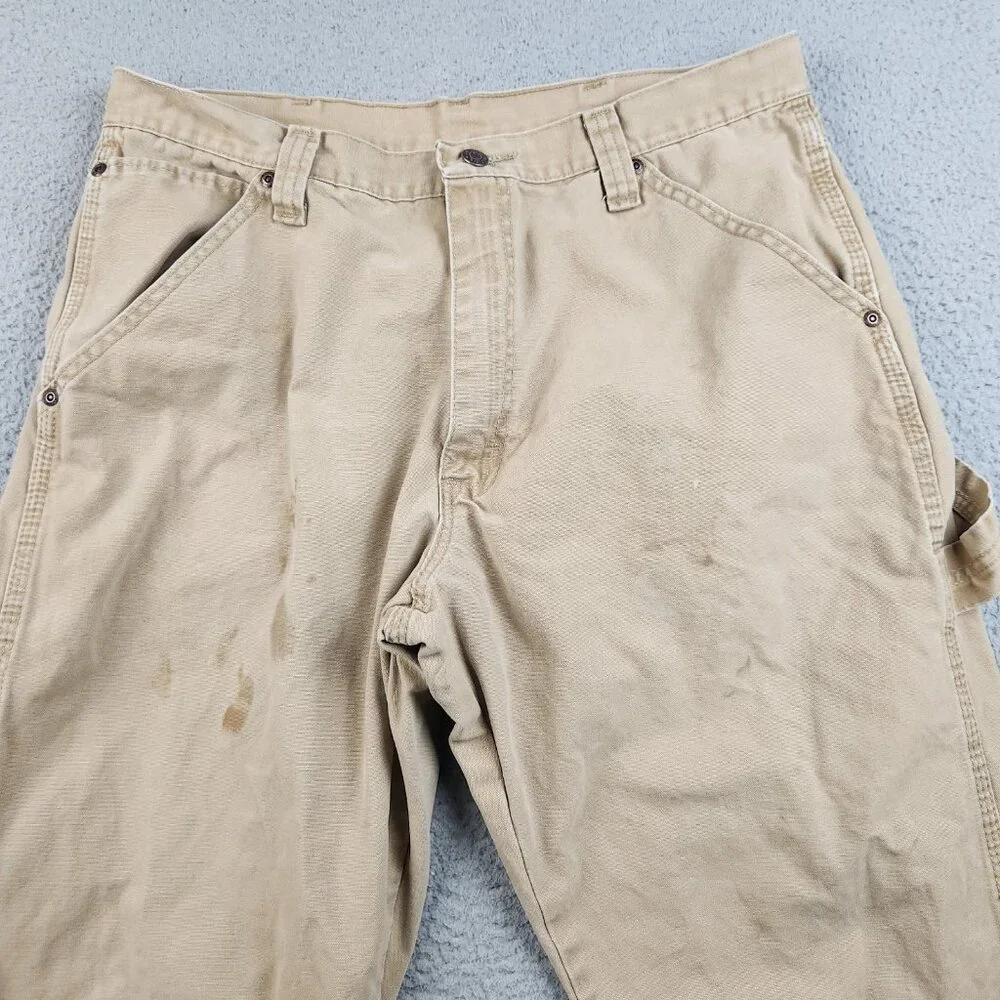 Wrangler Carpenter Pants Men's 34x32 Khaki Distress‎ Work Utility Durable Cotton